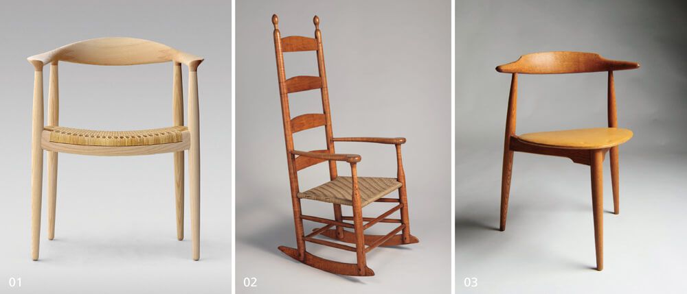 01_The Chair，1949年發表以來已經成為韋格納著名的代表作。02_Shaker  Rocking Chair CH45，美國總統甘迺迪（John F. Kennedy）因為曾參與戰爭，  背部受到砲擊破片受傷，因此特別喜愛這張舒適的搖椅。03_The Heart Chair  心形椅，現代較為少見的三腳支撐座椅，似乎與丹麥古老民宅內有泥土地的房  間有關，在凹凸不平處較為穩固。