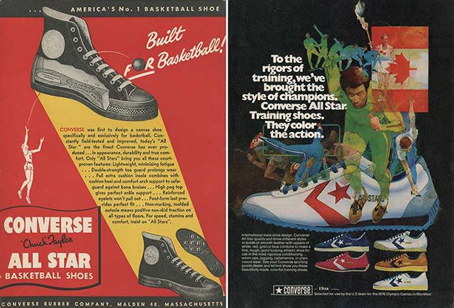 ▲Converse 1947年的廣告上打著，Chuck Taylor All Star是世界上第一雙專為籃球設計的鞋款。 ▲1976年Converse形象廣告。