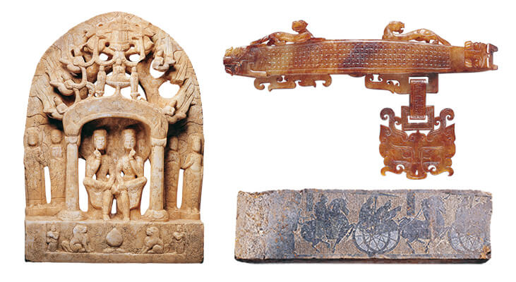 (左)北齊 半跏思惟菩薩像 (右上)戰國晚期 玉獸首大帶鉤 (右下)東漢 送賓、車騎畫像石