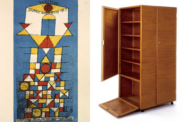 (左)導師之一的克列（Paul Klee）為1923年的包浩斯展覽所創作的作品。 (右)Josef Pohl設計的單身漢衣櫥。