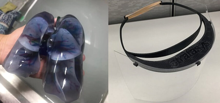 大陸首例新型冠狀病毒肺部感染病例3D模型 (左) Stratasys所設計的3D列印拋棄式面罩（右）