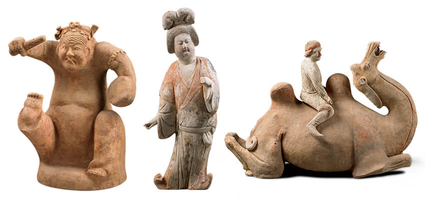 東漢說唱俑，唐彩繪陶侍女俑，唐彩繪陶胡人騎臥駝俑 (由左至右)