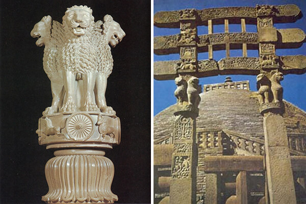 圖一：阿育王獅子柱頭 (左)、圖三：桑奇大塔門欄雕刻 (右)