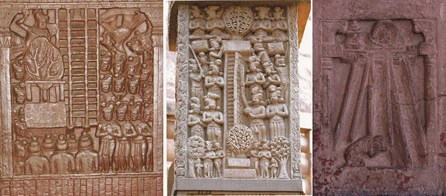 圖九：三道寶階降下圖對比：巴爾胡特（左）、桑奇大塔（中）、右－秣菟羅（右）