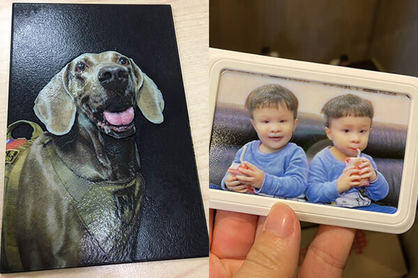 皇順開發將通業技研的2.5D立體照片運用至生活化的悠遊卡／門禁卡或儲值卡上，圖中分別為英勇的搜救犬以及皇順開發員工的家人。