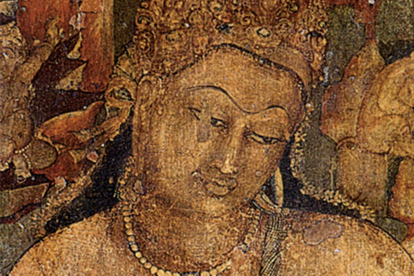 圖四：壁畫《持蓮花菩薩》局部，阿旃陀石窟第1窟左壁，約580年。