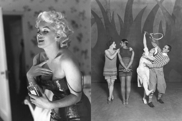 瑪麗蓮．夢露在1955年與經典的香奈兒五號香水一起留下影像（左圖）。香奈兒女士在1924年曾為俄羅斯芭蕾舞團的《藍色列車》舞劇設計戲服（右圖）。