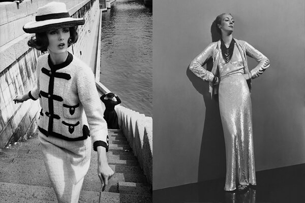 1960年代經典的香奈兒斜紋軟呢套裝（左圖）。香奈兒在1936年推出的白色亮片晚裝與項鍊（右圖）。