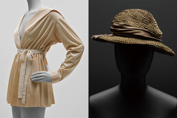 香奈兒在1916年設計的絲質罩衫作品（左圖）。香奈兒在1917年設計的帽飾作品（右圖）。