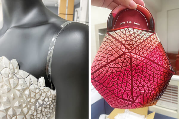 Stratasys 3D列印融入婚紗禮服設計，或全彩列印時尚手提 包，打造獨一無二設計。（Stratasys原廠提供）