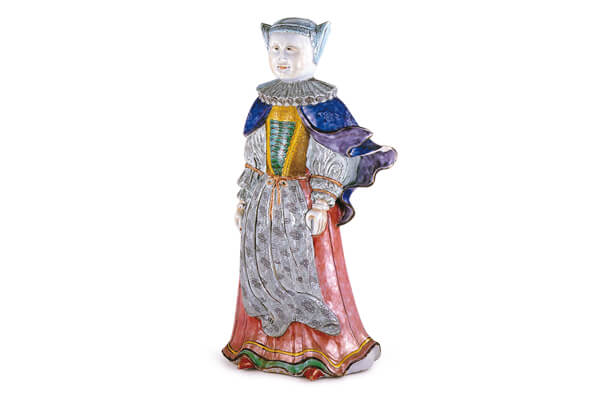 清代．粉彩荷蘭淑女像 女子的衣帽服裝與鞋子都為荷蘭傳統風格，是依據西洋圖稿所製作的外銷品類。（圖五） 圖片來源：《中國古代貿易瓷特展 大英博物館館藏》，圖32。