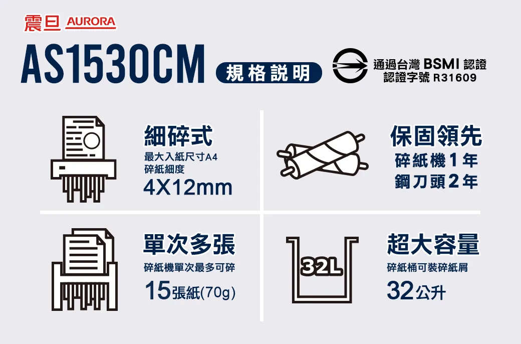 AURORA AS1530CM碎紙機–細碎式多功能碎紙機