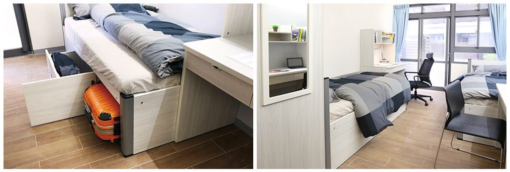 (左)高架單層系統家具床組下方設計可供收納 │ (右)在桌櫃椅部分，震旦皆就使用者角度客製細節設計。