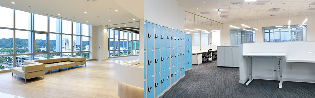 (左)適當的辦公家具規劃能為辦公室保留通透視野 │ (右)電動升降桌、員工置物櫃等都是以員工使用為出發點的配置規劃