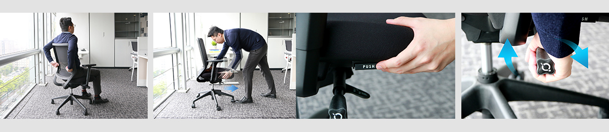 (左)椅背腰靠調整、(中)坐墊前後深度調整、(右)椅背彈力利用旋鈕調整鬆緊度