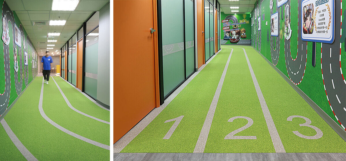 震旦家具利用辦公室方塊地毯設計，拼貼出跑道造型，成為辦公室設計指標亮點
