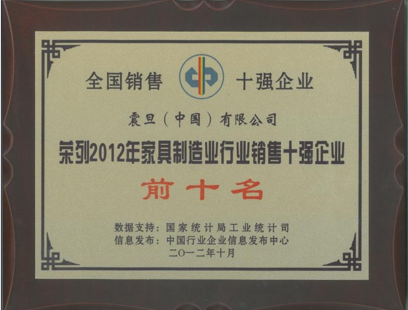 震旦辦公家具榮獲2012年度「全國效益十佳企業」稱號